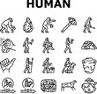human evolution man caveman icons set vector. monkey evolve, ape darwin, theory computer, history homo, anthropology human evolution man caveman black contour illustrations