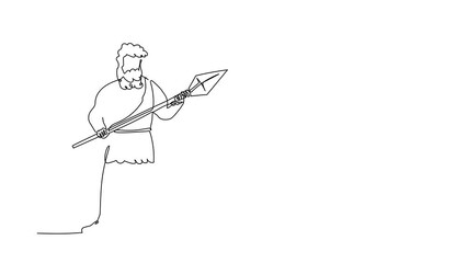 Wall Mural - Animated self drawing of continuous line draw ancient caveman or homosapien hunter standing, holding big stone spear. Prehistoric bearded man dressed in animal pelt. Full length single line animation