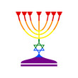 Jewish Menorah candlestick in black silhouette. Rainbow gay LGBT rights colored Icon at white Background. Illustration.
