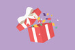 © onetime - Graphic flat design drawing open red gift box with white ribbon and bow logo icon, label, symbol. Greeting present package. Decorative gift or cardboard box with bow. Cartoon style vector illustration