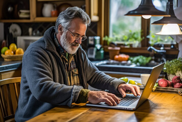 senior man looking at laptop in kitchen, generative ai