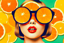 A Woman In Sunglasses And Oranges In The Retro Style, Generative Ai