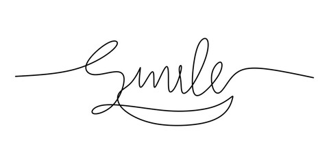 One continuous line drawing typography line art of smile word writing isolated on white background.
