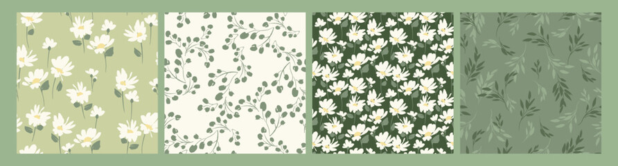 Abstract floral seamless patterns with chamomile. Trendy hand drawn textures. Modern abstract design for,paper, cover, fabric and othe