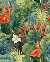  Wallpaper tileable pattern of tropical plants created with Generative AI technology