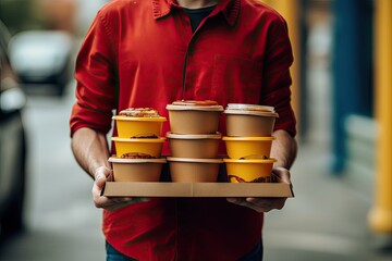 Food delivery man in uniform holding box with food in his han