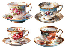 Antique Cups For Tea Or Coffee On A Transparent Background, Generative AI