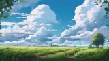Fototapeta Do pokoju - Beautiful landscape with blue sky painting illustration. Beautiful sky digital art. Art in anime painting style. Generative AI.