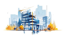  Illustration Digital Building Construction Engineering With Double Exposure Graphic Design. Generative AI.