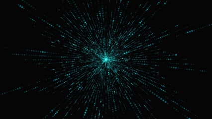 Poster - Spacetime light speed on a dark background. neon-colored abstract backdrop in shades of blue, yellow, and orange. 3D rendering. Glowing particle explosion