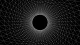 The dark funnel of the future. space travel tube in wireframe. Black wormhole with surface warp that is abstract. Image in vector format. 3D tunnel made of wires. Backdrop perspective grid.
