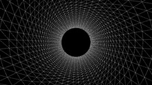 The Dark Funnel Of The Future. Space Travel Tube In Wireframe. Black Wormhole With Surface Warp That Is Abstract. Image In Vector Format. 3D Tunnel Made Of Wires. Backdrop Perspective Grid.