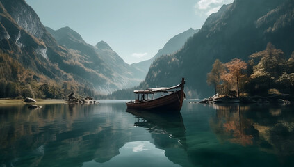 Boat in a calm clean transparent lake surrounded by majestic mountains