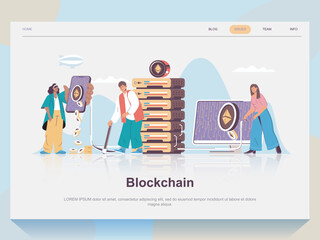 Poster - Blockchain web concept for landing page in flat design. Man and woman mining cryptocurrencies at farm, making transaction, earning money. Vector illustration with people scene for website homepage