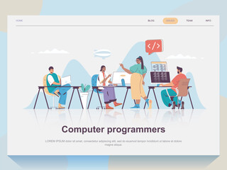 Aufkleber - Computer programmers web concept for landing page in flat design. Man and woman working in office with project manager, coding and testing. Vector illustration with people scene for website homepage