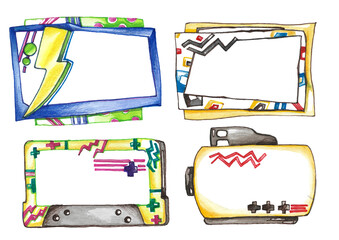 A set of watercolor frames for inscriptions in the style of the 90s. Frame in the form of a film for the camera, with a yellow lightning bolt, in the form of an audio cassette and in a comic style. 