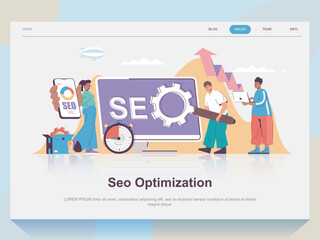 Poster - seo optimization web concept for landing page in flat design. man and woman making analytics researc