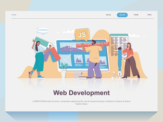 Fototapete - Web development concept for landing page in flat design. Man and woman working on ui application, coding, creating and optimizing layouts. Vector illustration with people scene for website homepage