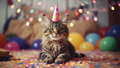 Cat celebrating his birthday with piece of cake and party hat, funny cat wearing festive hat, Happy birthday concept pets, cute cat portrait