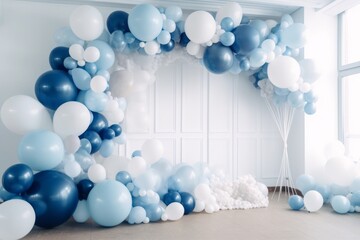 Wall Mural - White and blue balloons, photozone background with balls. Generative AI