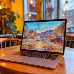 Wall Mural - Laptop on the table in the cafe. Generative AI.