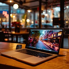 Wall Mural - Laptop on the table in the cafe. Generative AI.