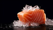 Salmon sliced in ice. Fresh raw salmon fish fillet with cooking ingredients, Fresh salmon piece with herbs and lemon isolated on black background, wild atlantic fish. Generative AI