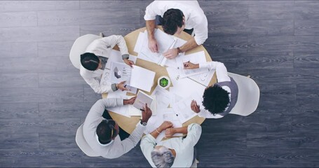 Aufkleber - Business people, table talk and circle with paperwork, communication and meeting. Company planning, above and staff with graphic designer team working with notes and data information in conversation