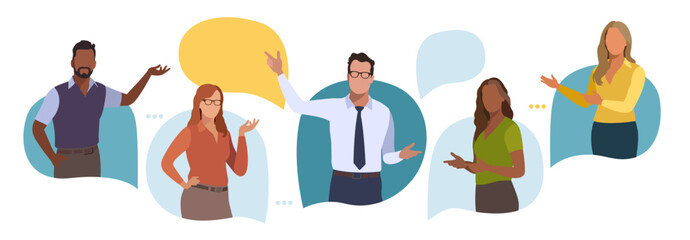 discussion. communication concept. business people talking standing in the speech bubbles. vector il