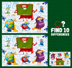 Poster - Find ten differences. Cartoon stationery superhero characters. Objects comparing children quiz, matching riddle or puzzle worksheet with chalkboard, globe, school bag and apple hero cute personages