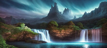 Fantasy Landscape With Waterfalls, Panorama. Generative AI