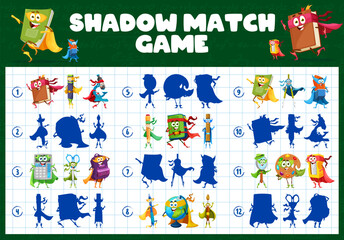 Poster - Shadow match game. Cartoon stationery superhero characters kids puzzle quiz vector worksheet. Find correct shadows of school supply personages with hero masks, funny book, pen, pencil and eraser