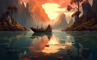 Wall Mural - Sunset skyline over the lake with a small island. Generative AI.