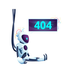 Leinwandbilder - 404 page with cartoon screen and robot. Vector notification about network error. Broken cyborg with protruding wires sitting near the neon glowing monitor providing frustrating experience for the user