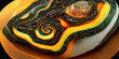 Sedate realistic marco detailed orange and teal alcohol ink ripples pattern in agate design. Closeup turbulence turquoise oil design on marble with glossy golden wave highlight. Generative AI