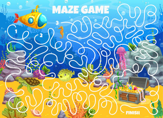Aufkleber - Labyrinth maze. Help to explorers on submarine find a treasure chest on underwater bottom landscape kids puzzle game. Vector worksheet of maze quiz with cartoon ocean water background, fish and turtle