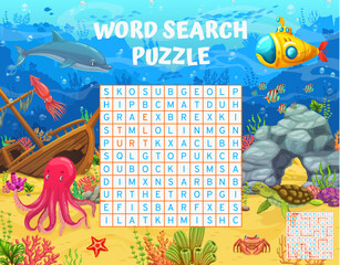 Aufkleber - Cartoon sea underwater animals and landscape. Word search puzzle game. Crossword grid quiz vector worksheet with octopus, dolphin, turtle, crab and squid funny characters, sunken ship and submarine