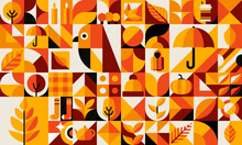 Bauhaus Pattern With Autumn And Thanksgiving Harvest. Business Presentation Retro Composition, Corporate Identity Abstract Forms And Elements Vector Background With Autumn Tree Leaves And Clothing