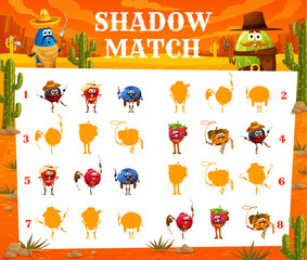 Poster - Shadow match game cartoon berry ranger, cowboy and bandit characters. Vector worksheet riddle for children logic activity with black currant, strawberry, blueberry or raspberry, cloudberry or cowberry