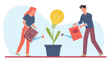 Growing Creating Idea, People Water Lightbulb With Knowledge From Books. Education For New Project. Man And Woman Watering Creative Plant. Cartoon Flat Style Isolated Png Concept