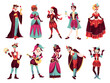 People in carnival costumes. Cartoon venice masquerade characters, adult party, renaissance persons, mardi gras festival, men and women on performance. Cartoon flat isolated tidy png set