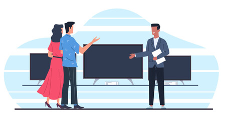 Salesman shows man and woman big screen TV in electronics store. Customer making purchases, product presentation for buyers. Cartoon flat style isolated marketing png shopping concept