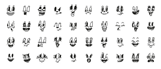 Cartoon retro faces. Black and white vintage comic muzzles, old classic animated characters collection, happy and surprised emoji, funny emotional expressions, mascot face, tidy png set