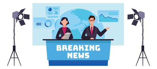 Wall Mural - Journalist. Newscaster professional. Man and woman broadcasting news in studio with equipment. Live television, real time broadcast. Media cartoon flat isolated png illustration