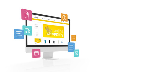 Wall Mural - computer display with shopping online text on ecommerce web page concept. flying shopping icons and 