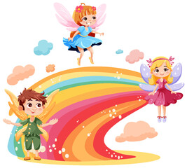 Wall Mural - Cute fantasy fairies cartoon character flying over rainbow