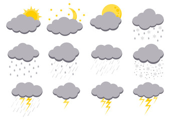 clouds rain bad weather icon set isolated on white background. illustration of rain, shower, lightni
