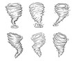 Tornado whirlwind vector icon set. Storm hurricane silhouette illustration. Swirl air cyclone weather spiral symbol. Nature disaster black line vortex isolated on white background.
