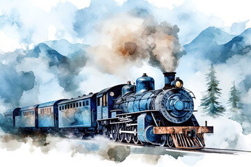 Watercolor Steam engine train background.