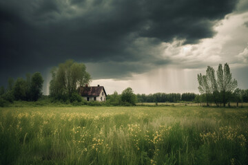 Wall Mural - Stormy sky over grass field generative AI